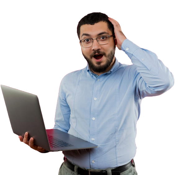 A person holding a laptop and looking surprised